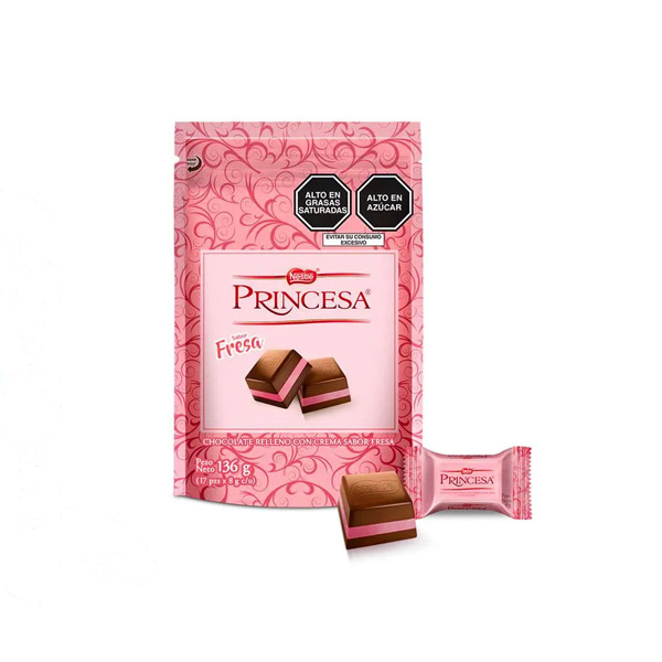 Bombones de Chocolate con Crema Sabor Fresa Princesa - Doypack 136 g (17 unidades)