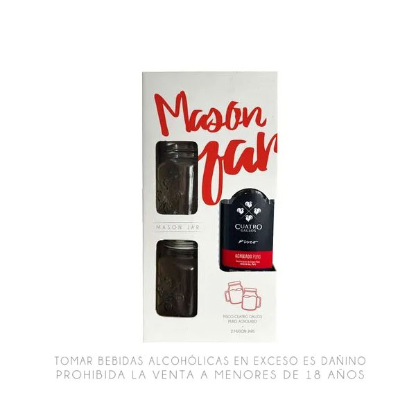 Pack CUATRO GALLOS Acholado 700ml + 2 Jarras MASON JAR