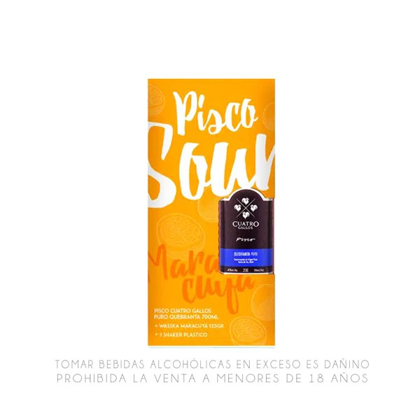 Pack Pisco CUATRO GALLOS Puro Quebranta Botella 700ml + Mix WASSKA Maracuyá Sobre 125g