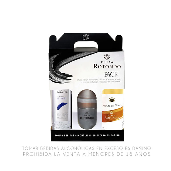 Pack Pisco Finca Rotondo: Pisco Quebranta Botella 750ml + Jarabe de Goma 750ml + Vaso + Shaker