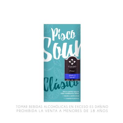 Pack Pisco CUATRO GALLOS Puro Quebranta Botella 700ml + Mix WASSKA Limón Sobre 125g